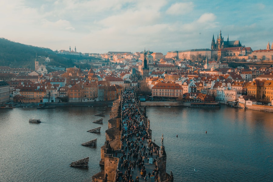 Prague Castle and Charles Bridge at dusk